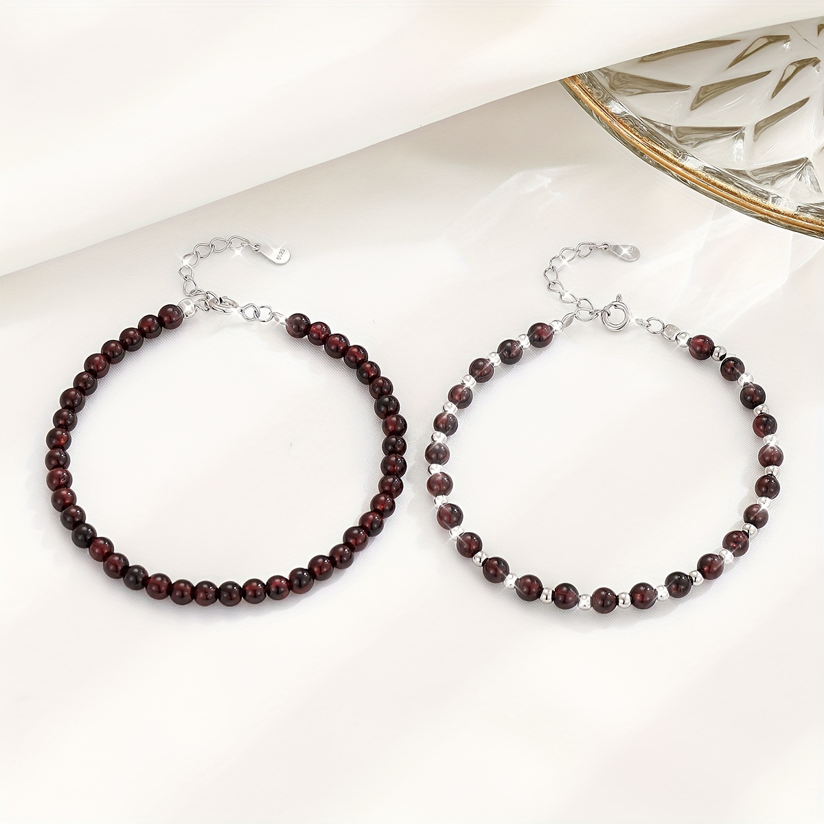 Sterling Silver Garnet Bead Bracelet - Adjustable Round Bracelet